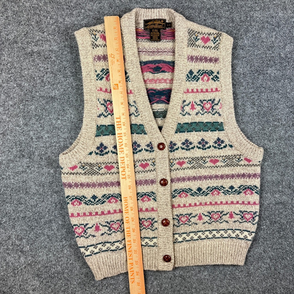 VTG Eddie Bauer Cardigan Sweater Vest Womens M* Fair Isle Hearts Grandma Cottage - Picture 7 of 8
